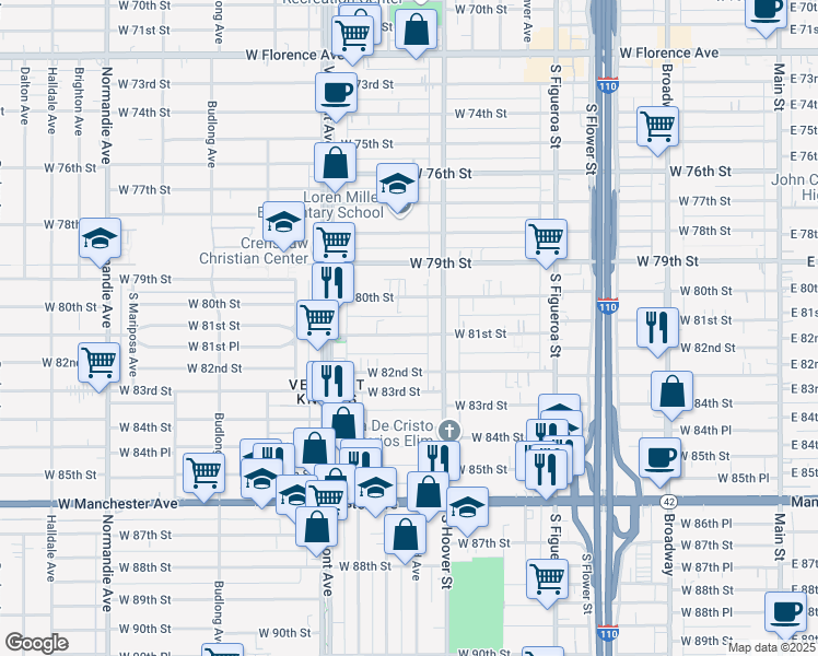 map of restaurants, bars, coffee shops, grocery stores, and more near 839 West 81st Street in Los Angeles