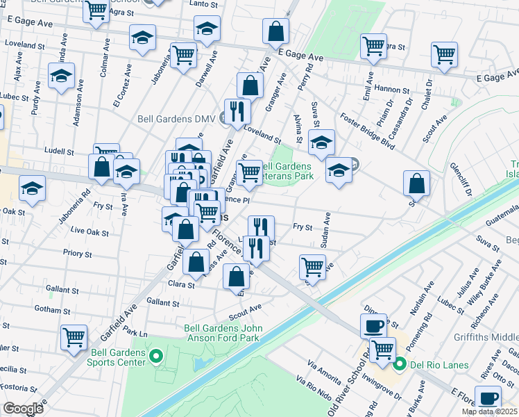map of restaurants, bars, coffee shops, grocery stores, and more near 6614 Florence Place in Bell Gardens