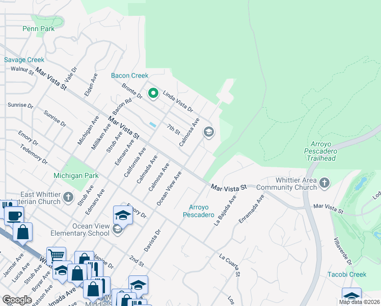 map of restaurants, bars, coffee shops, grocery stores, and more near 8123 Ocean View Avenue in Whittier