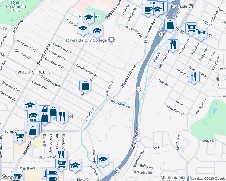 map of restaurants, bars, coffee shops, grocery stores, and more near 3401 Ramona Drive in Riverside