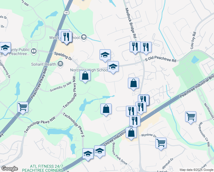 map of restaurants, bars, coffee shops, grocery stores, and more near 5300 Spalding Drive in Norcross