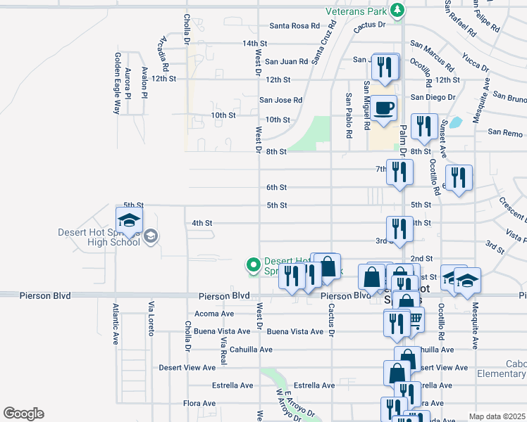 map of restaurants, bars, coffee shops, grocery stores, and more near 66011 5th Street in Desert Hot Springs