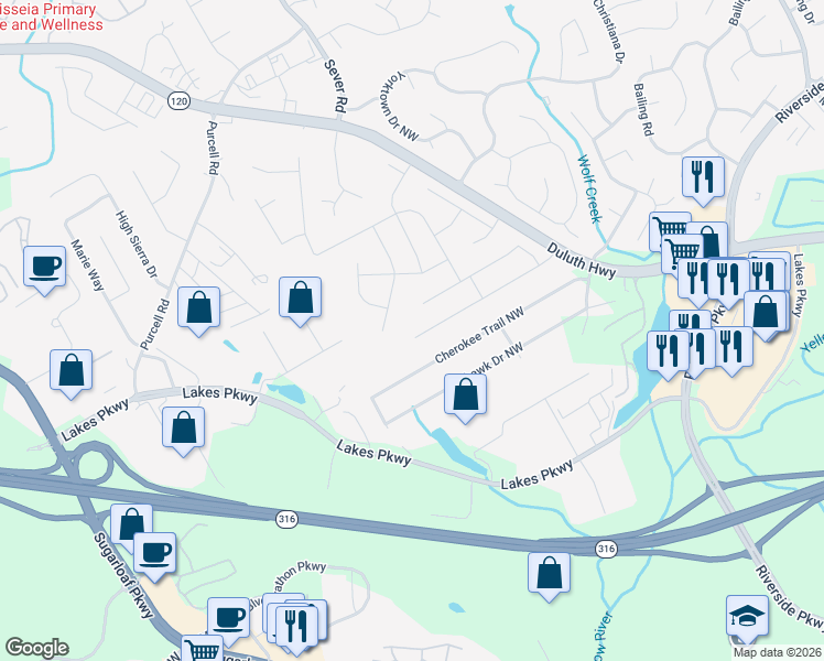 map of restaurants, bars, coffee shops, grocery stores, and more near 1481 Howard Way in Lawrenceville