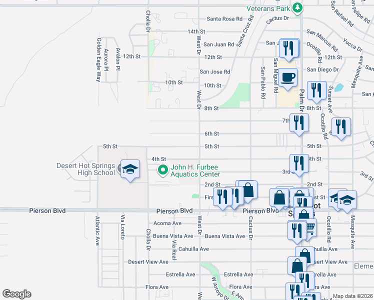 map of restaurants, bars, coffee shops, grocery stores, and more near 65951 5th Street in Desert Hot Springs