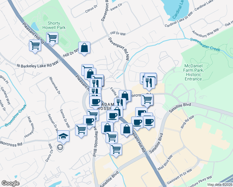map of restaurants, bars, coffee shops, grocery stores, and more near 2391 Fairlie Drive in Duluth