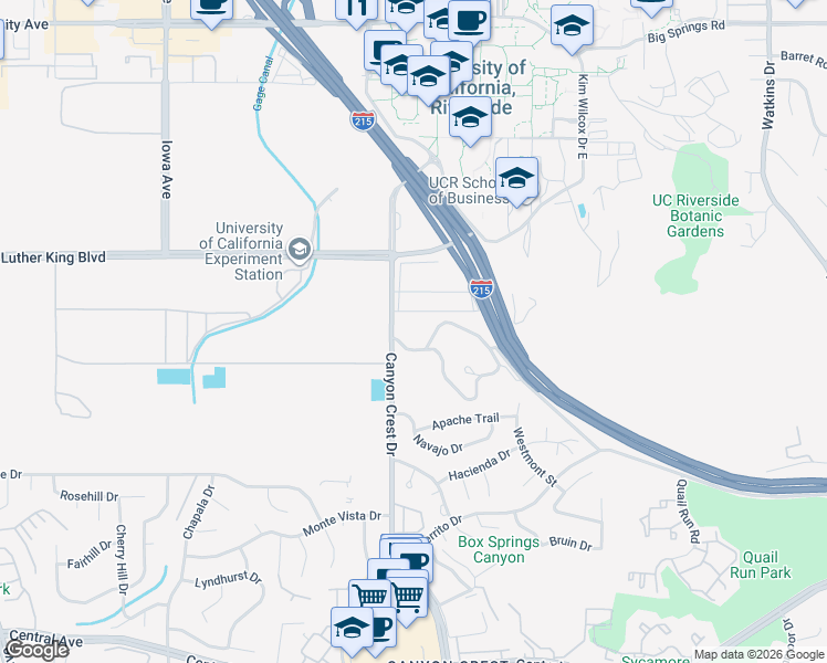 map of restaurants, bars, coffee shops, grocery stores, and more near 805 South University Drive in Riverside