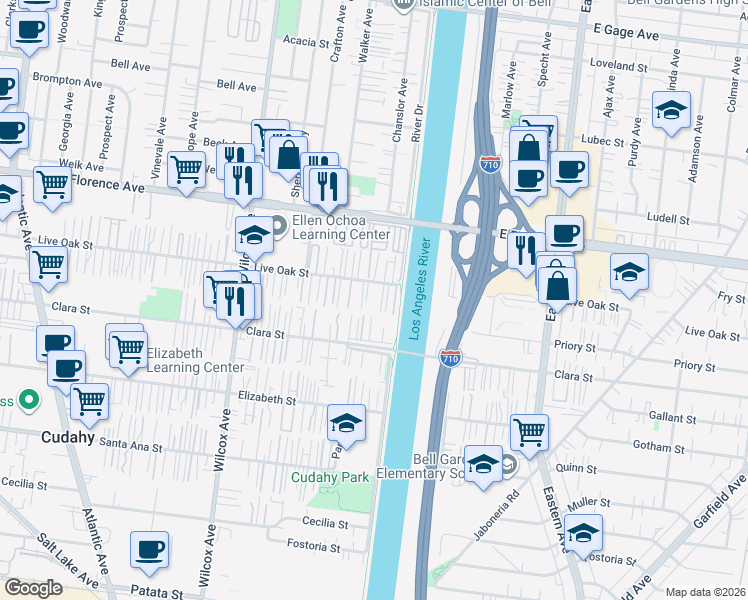 map of restaurants, bars, coffee shops, grocery stores, and more near 5244 Live Oak Street in Cudahy