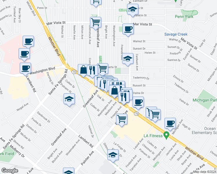 map of restaurants, bars, coffee shops, grocery stores, and more near 8140 Bright Avenue in Whittier