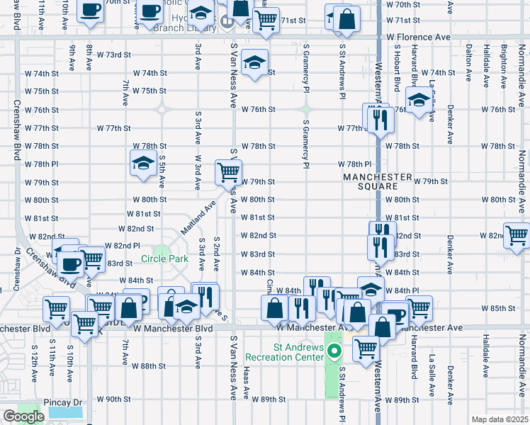 map of restaurants, bars, coffee shops, grocery stores, and more near 2058 West 80th Street in Los Angeles