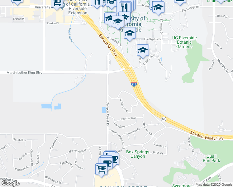 map of restaurants, bars, coffee shops, grocery stores, and more near 805 South University Drive in Riverside