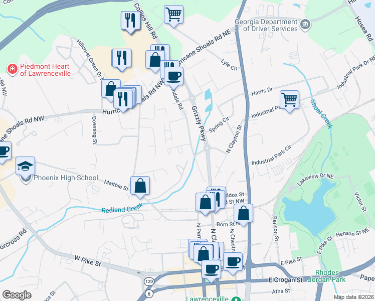 map of restaurants, bars, coffee shops, grocery stores, and more near 423 Northdale Court in Lawrenceville