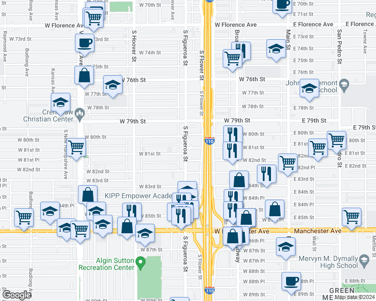 map of restaurants, bars, coffee shops, grocery stores, and more near 8100 South Figueroa Street in Los Angeles