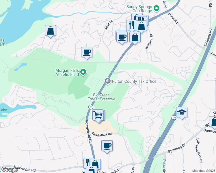 map of restaurants, bars, coffee shops, grocery stores, and more near 7741 Roswell Road in Atlanta