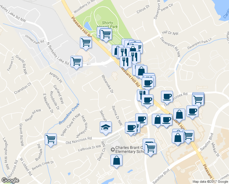 map of restaurants, bars, coffee shops, grocery stores, and more near 2455 Rhoanoke Drive in Duluth