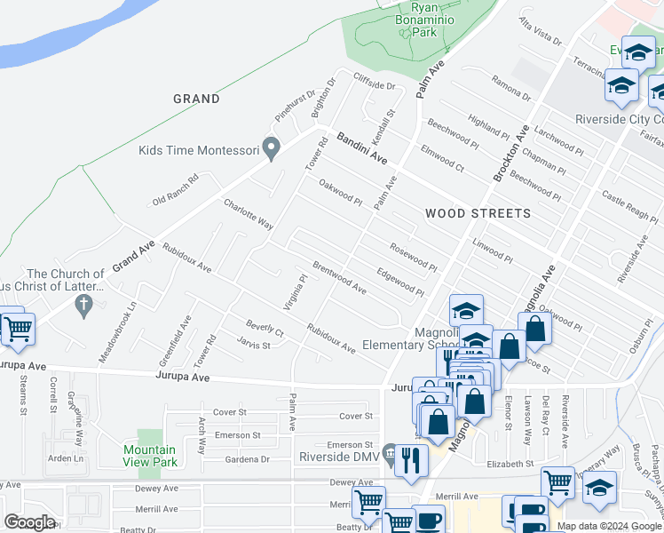 map of restaurants, bars, coffee shops, grocery stores, and more near 4533 Brentwood Avenue in Riverside