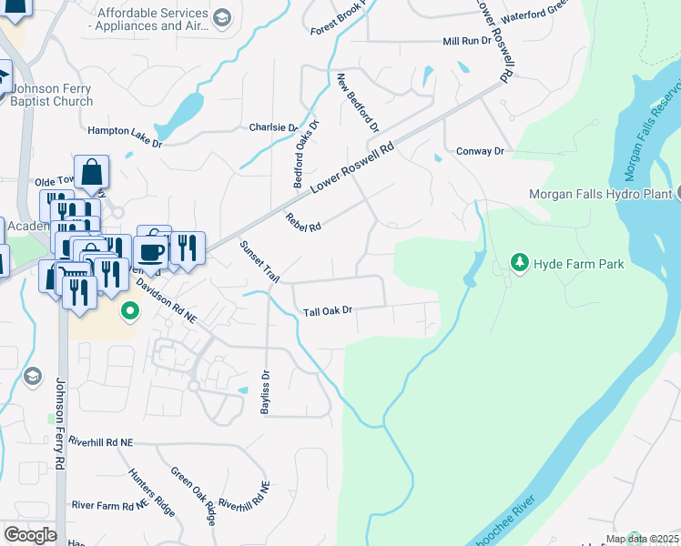 map of restaurants, bars, coffee shops, grocery stores, and more near 5231 Sunset Trail in Marietta