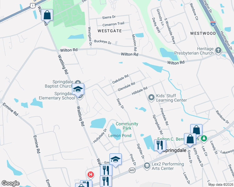 map of restaurants, bars, coffee shops, grocery stores, and more near 3231 Glendale Road in West Columbia