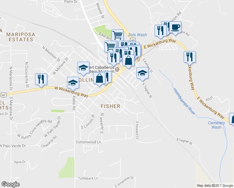 map of restaurants, bars, coffee shops, grocery stores, and more near 150 Park Street in Wickenburg