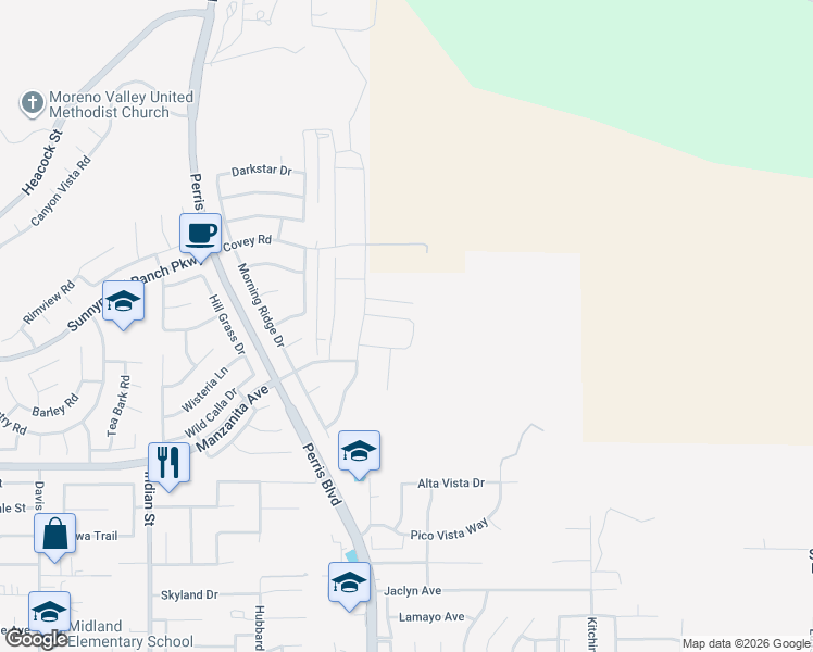 map of restaurants, bars, coffee shops, grocery stores, and more near 24909 Miners View Lane in Moreno Valley