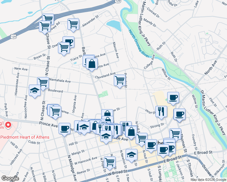 map of restaurants, bars, coffee shops, grocery stores, and more near 122 Hendrix Avenue in Athens