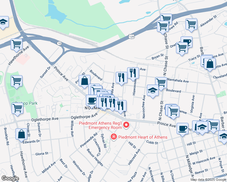map of restaurants, bars, coffee shops, grocery stores, and more near 350 Satula Avenue in Athens