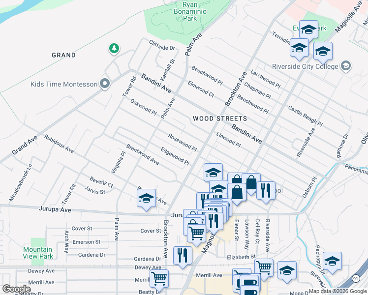 map of restaurants, bars, coffee shops, grocery stores, and more near 4226 Rosewood Place in Riverside