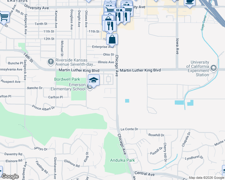 map of restaurants, bars, coffee shops, grocery stores, and more near 1743 Vassar Drive in Riverside