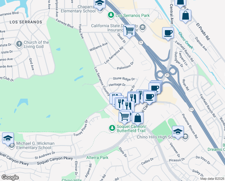 map of restaurants, bars, coffee shops, grocery stores, and more near 15850 Old Hickory Lane in Chino Hills