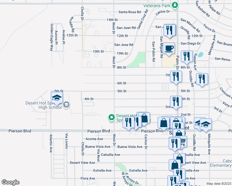 map of restaurants, bars, coffee shops, grocery stores, and more near 66011 5th Street in Desert Hot Springs