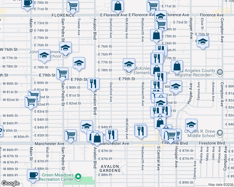 map of restaurants, bars, coffee shops, grocery stores, and more near 743 East 81st Street in Los Angeles