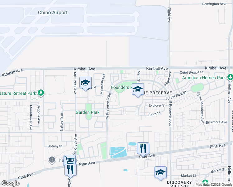 map of restaurants, bars, coffee shops, grocery stores, and more near 8152 Parkside Street in Chino
