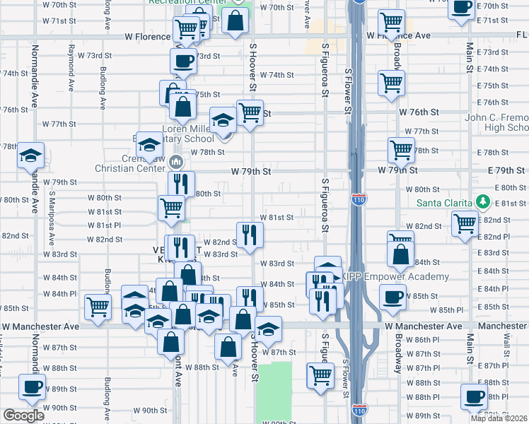 map of restaurants, bars, coffee shops, grocery stores, and more near 727 West 81st Street in Los Angeles