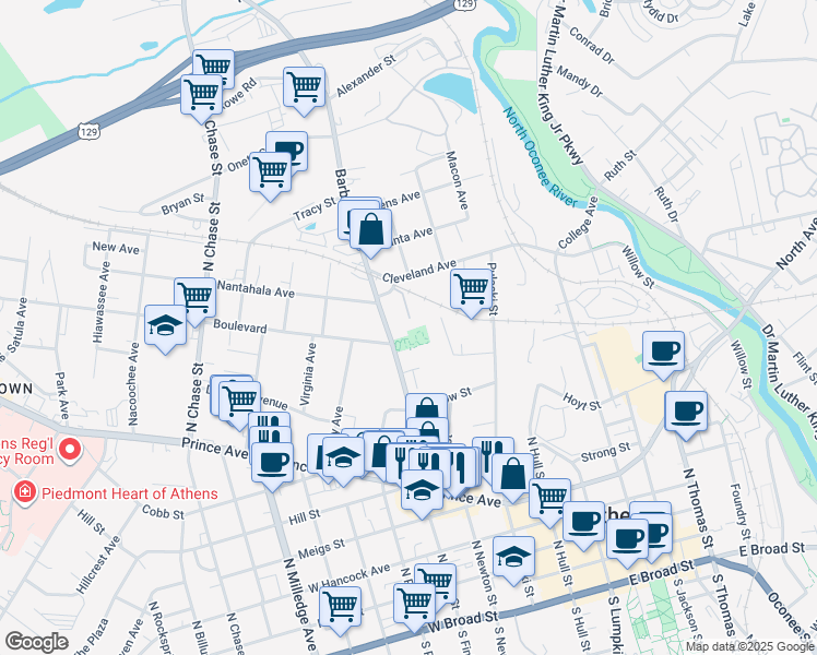 map of restaurants, bars, coffee shops, grocery stores, and more near 354 Barber Street in Athens