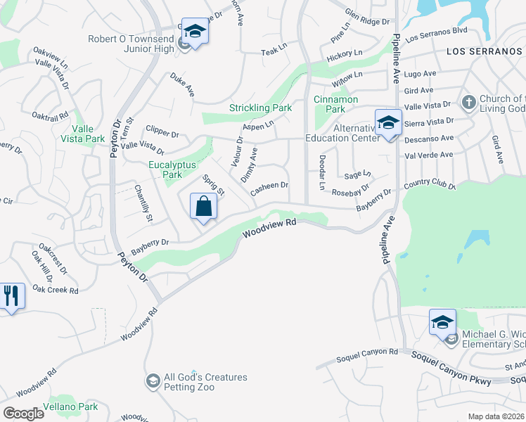 map of restaurants, bars, coffee shops, grocery stores, and more near 3723 Bayberry Drive in Chino Hills