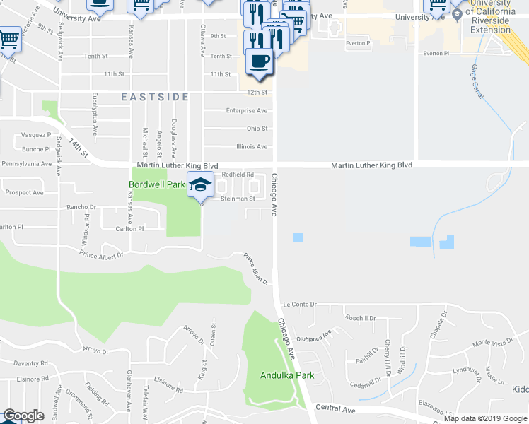 map of restaurants, bars, coffee shops, grocery stores, and more near 1743 Vassar Drive in Riverside