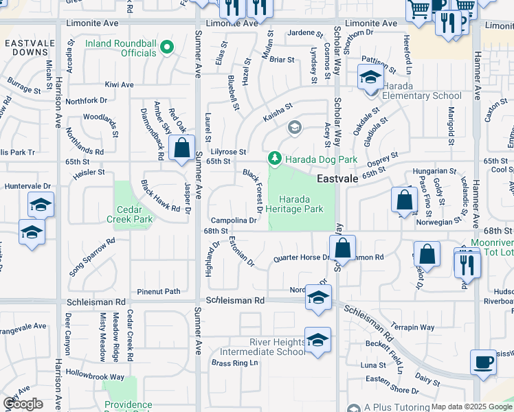 map of restaurants, bars, coffee shops, grocery stores, and more near 6754 Black Forest Drive in Corona