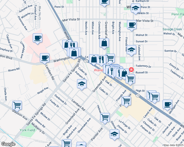 map of restaurants, bars, coffee shops, grocery stores, and more near 12809 Oak Street in Whittier