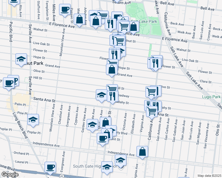 map of restaurants, bars, coffee shops, grocery stores, and more near 7824 State Street in Huntington Park