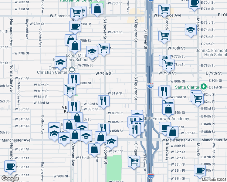 map of restaurants, bars, coffee shops, grocery stores, and more near 639 West 81st Street in Los Angeles