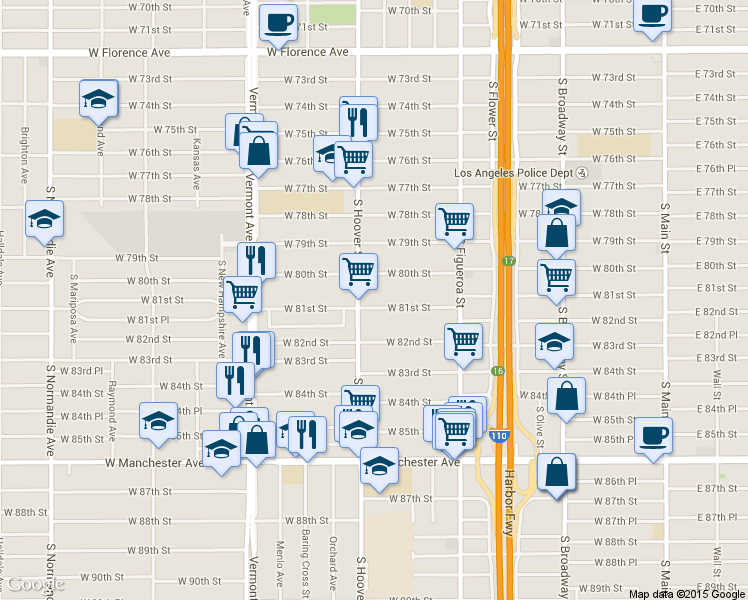 map of restaurants, bars, coffee shops, grocery stores, and more near 8022 South Hoover Street in Los Angeles