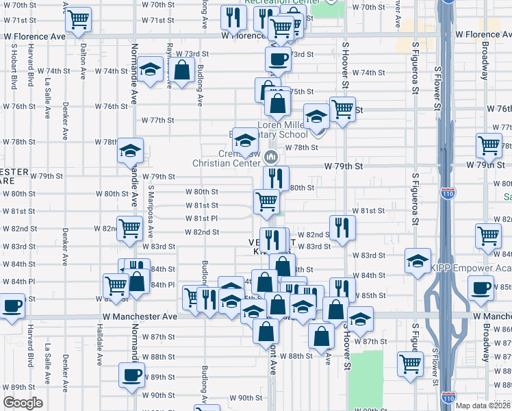 map of restaurants, bars, coffee shops, grocery stores, and more near 8021 South New Hampshire Avenue in Los Angeles