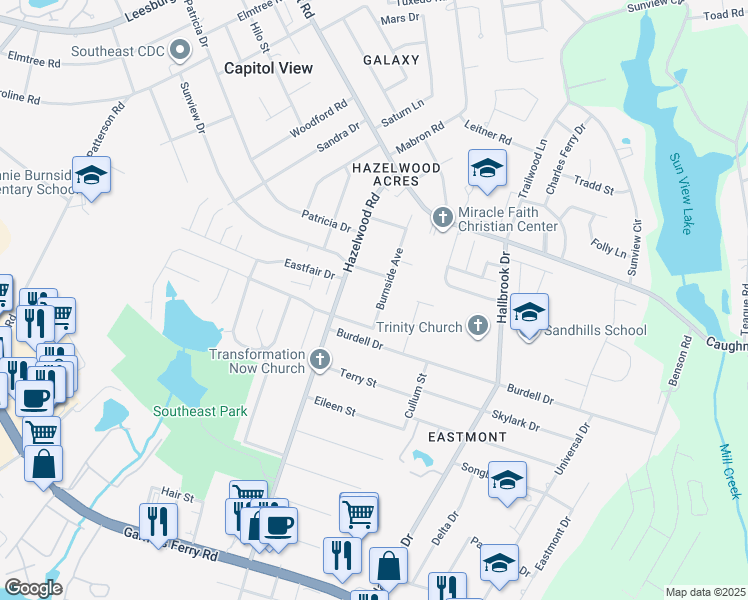 map of restaurants, bars, coffee shops, grocery stores, and more near 1527 Burnside Avenue in Columbia