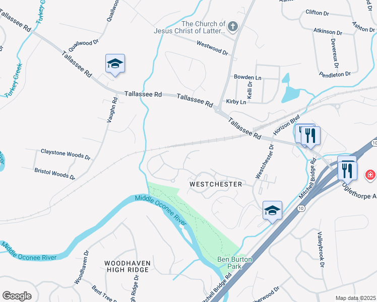 map of restaurants, bars, coffee shops, grocery stores, and more near 123 Lake Place in Athens