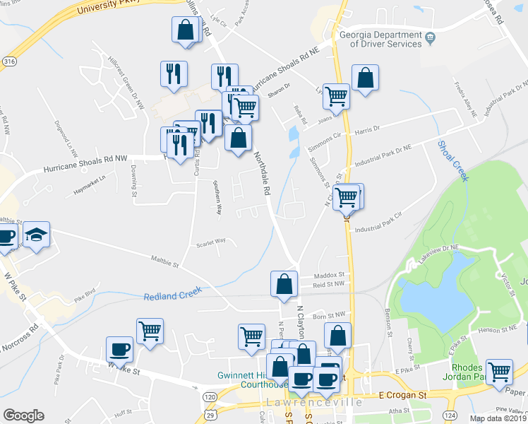 map of restaurants, bars, coffee shops, grocery stores, and more near 423 Northdale Court in Lawrenceville