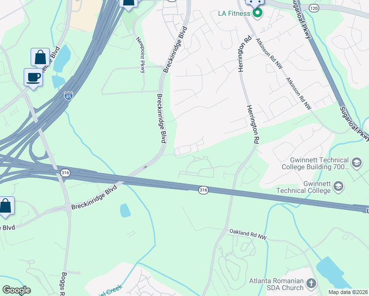 map of restaurants, bars, coffee shops, grocery stores, and more near 2288 Spin Drift Way in Lawrenceville