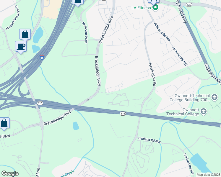 map of restaurants, bars, coffee shops, grocery stores, and more near 2282 Spin Drift Way in Lawrenceville