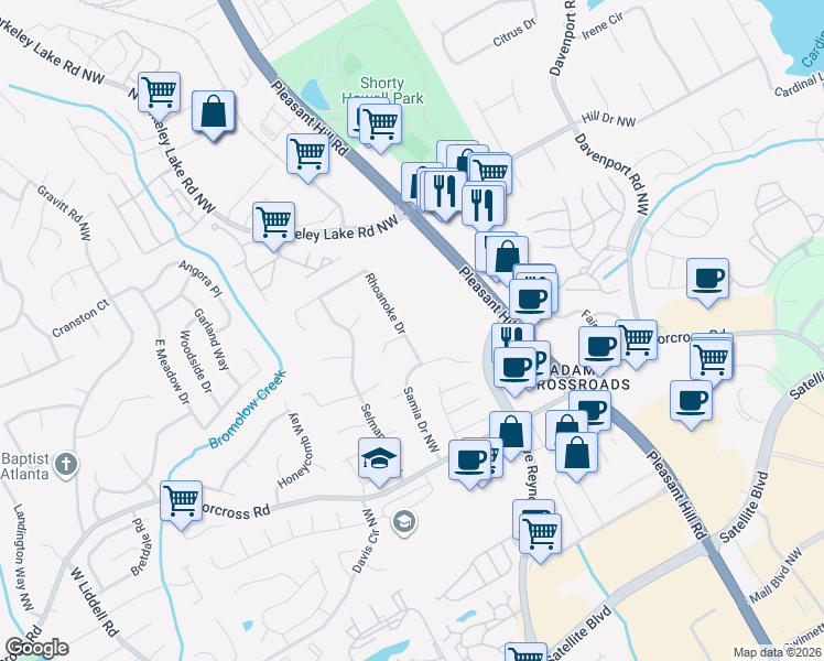 map of restaurants, bars, coffee shops, grocery stores, and more near 2455 Rhoanoke Drive in Duluth