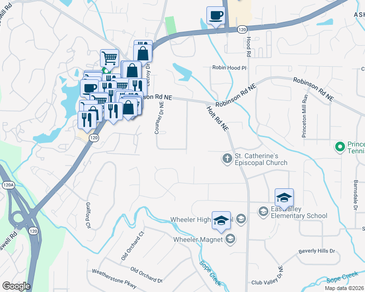 map of restaurants, bars, coffee shops, grocery stores, and more near 641 McBurnette Road North East in Marietta