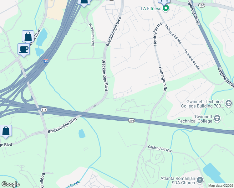 map of restaurants, bars, coffee shops, grocery stores, and more near 2279 Spin Drift Way in Lawrenceville