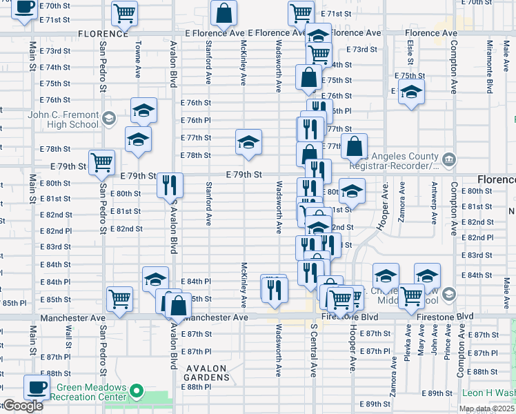 map of restaurants, bars, coffee shops, grocery stores, and more near 823 East 81st Street in Los Angeles
